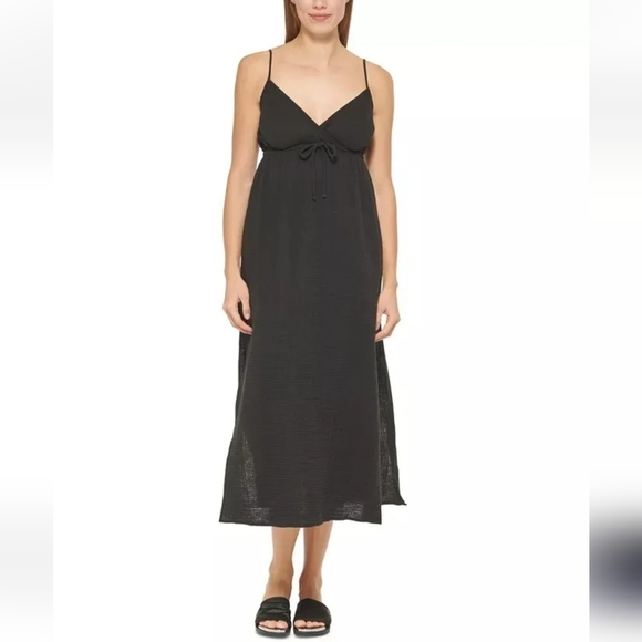 DKNY V NECK FRONT TIE BLACK SWIM COVER UP MAXI DRESS SIZE L NEW WITH TAGS - Picture 3 of 8